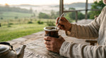 Load image into Gallery viewer, Serene hands holding a traditional mate gourd on a misty green morning porch