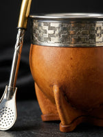 Load image into Gallery viewer, Craftsmanship macro detail of the engraved imperial mate gourd's leather and silver rim