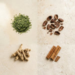 Load image into Gallery viewer, Flat-lay of Golden Desire's real ingredients: yerba mate, cacao shells, ashwagandha, cinnamon