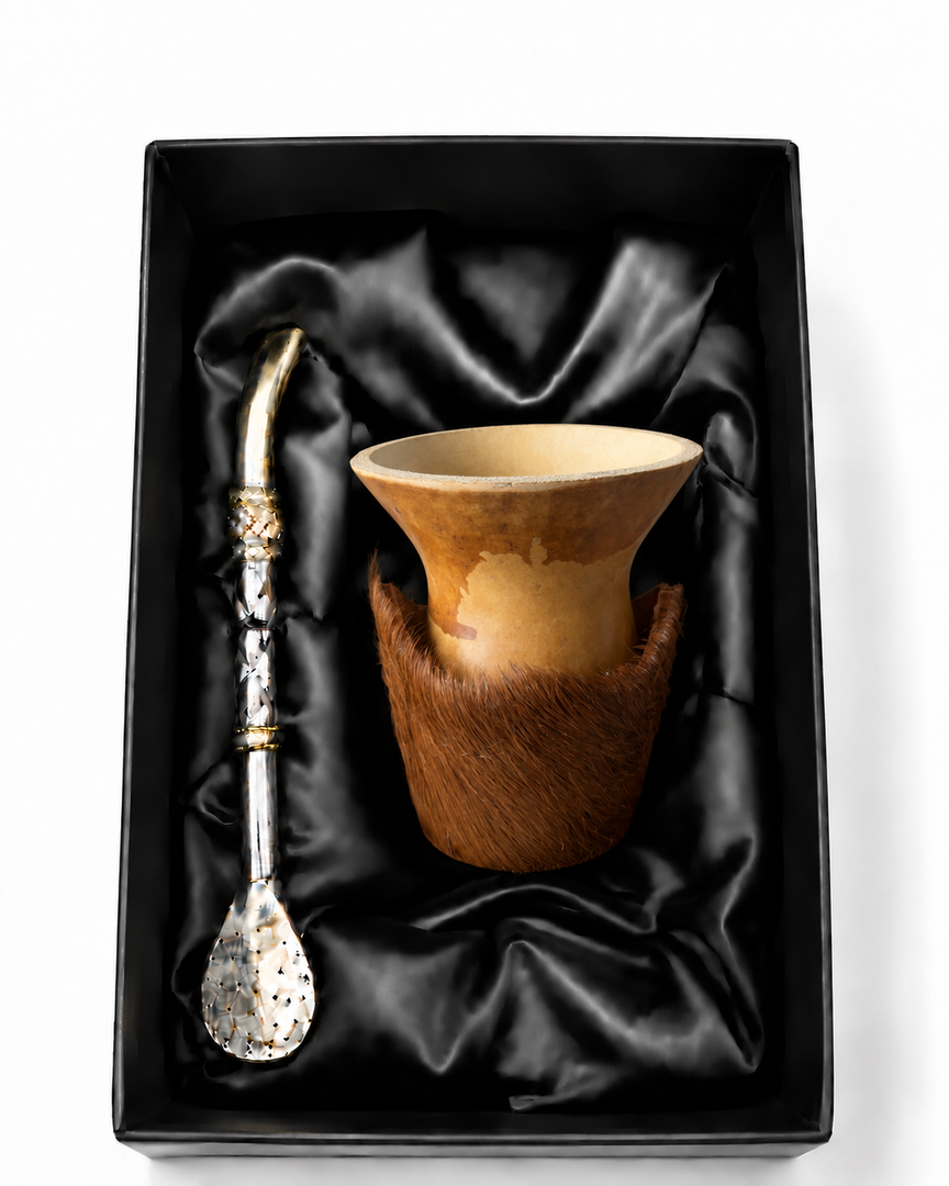 Pampa Mate Set - Natural Gourd Mate with Rustic Hide Wrap + Artisan Bombilla