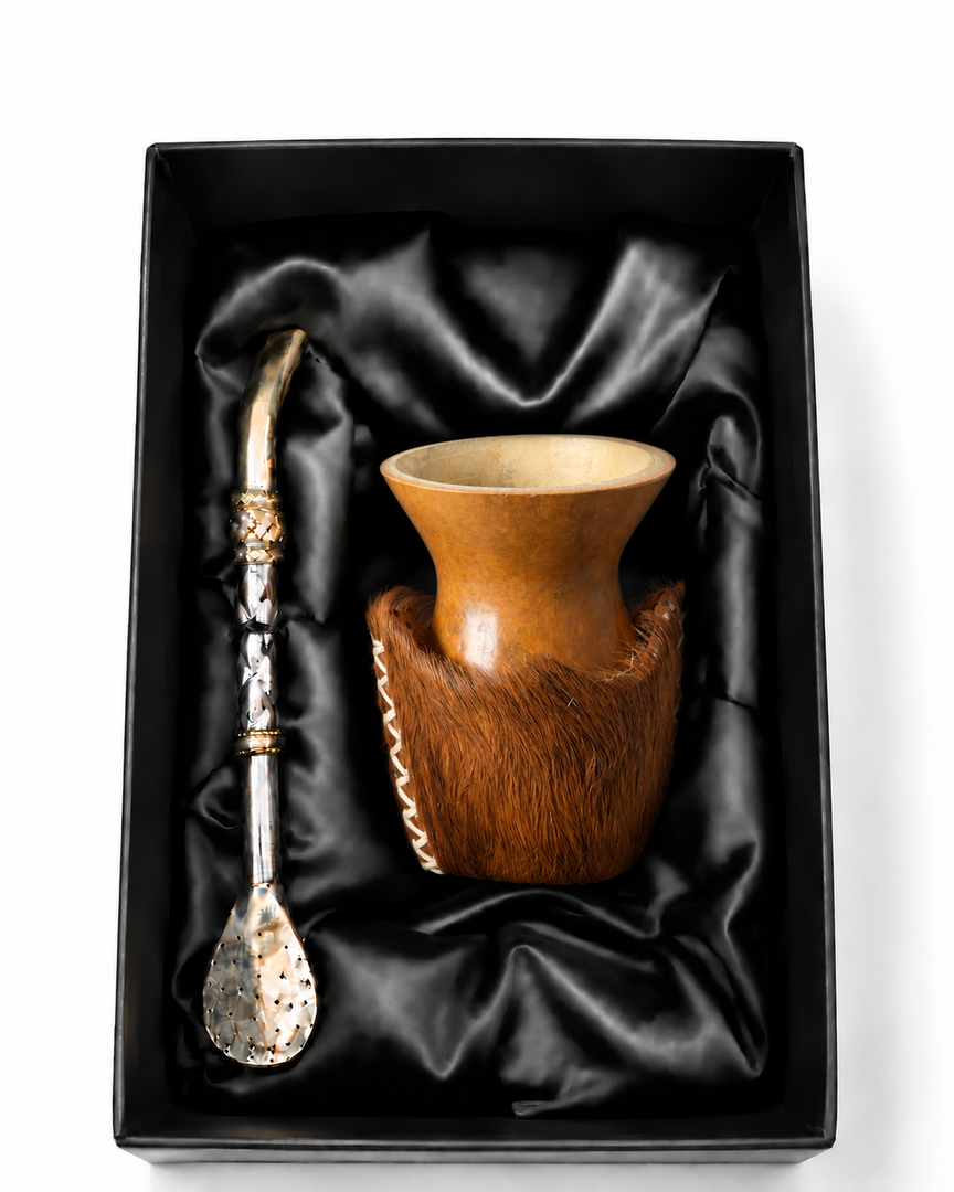 Pampa Mate - Set Natural Gourd Mate with Rustic Hide Wrap + Artisan Bombilla