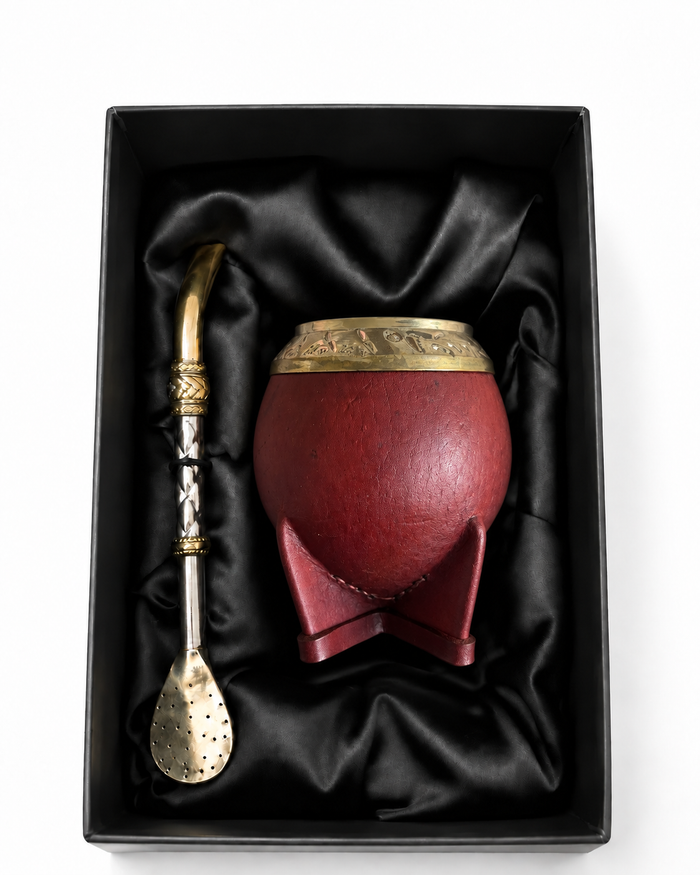 Burgundy Leather-Wrapped Small Natural Gourd Mate with Artisan Bombilla — Alpaca Bronze