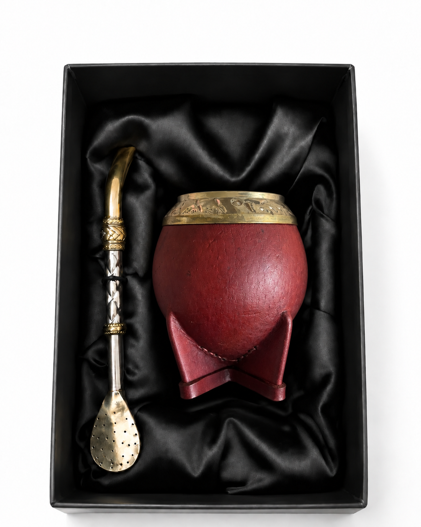 Burgundy Leather-Wrapped Small Natural Gourd Mate with Artisan Bombilla — Alpaca Bronze