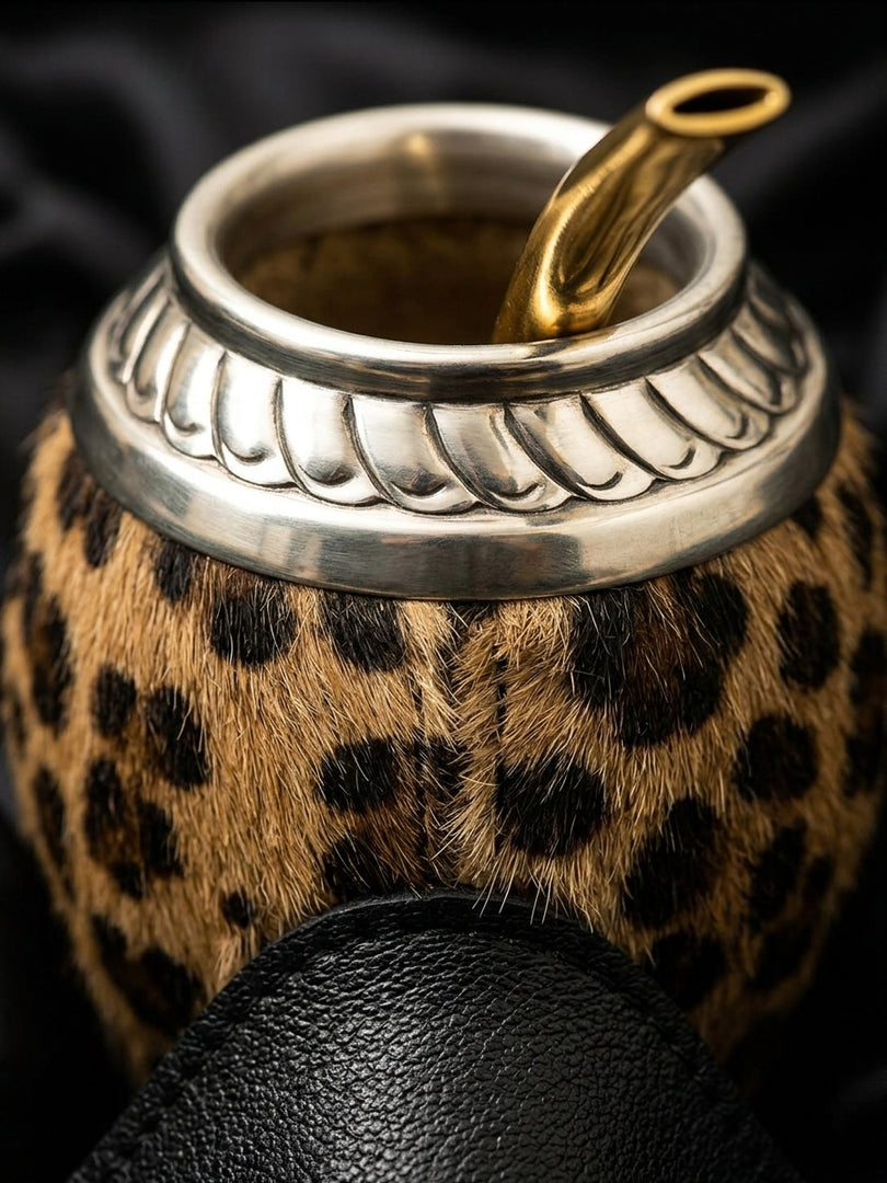 Craftsmanship macro detail of the animal-print torpedo mate gourd's fur and silver rim