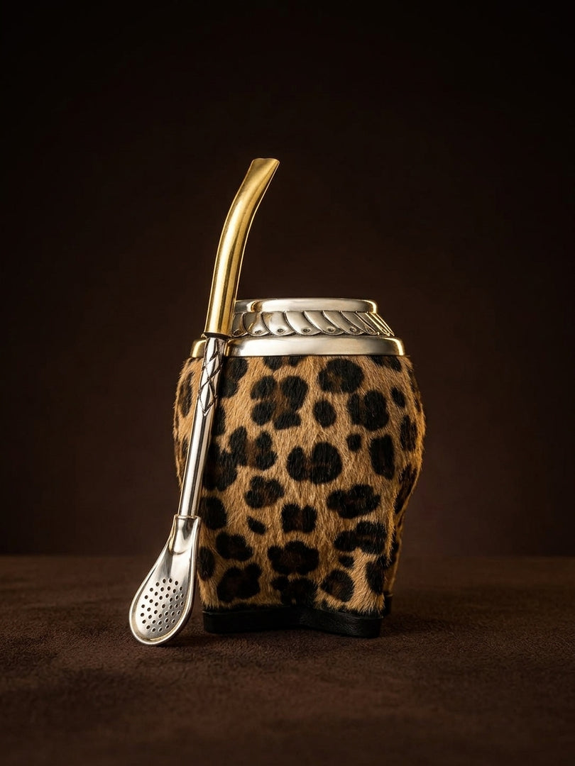 Editorial hero still-life of the animal-print torpedo mate gourd on a dark background