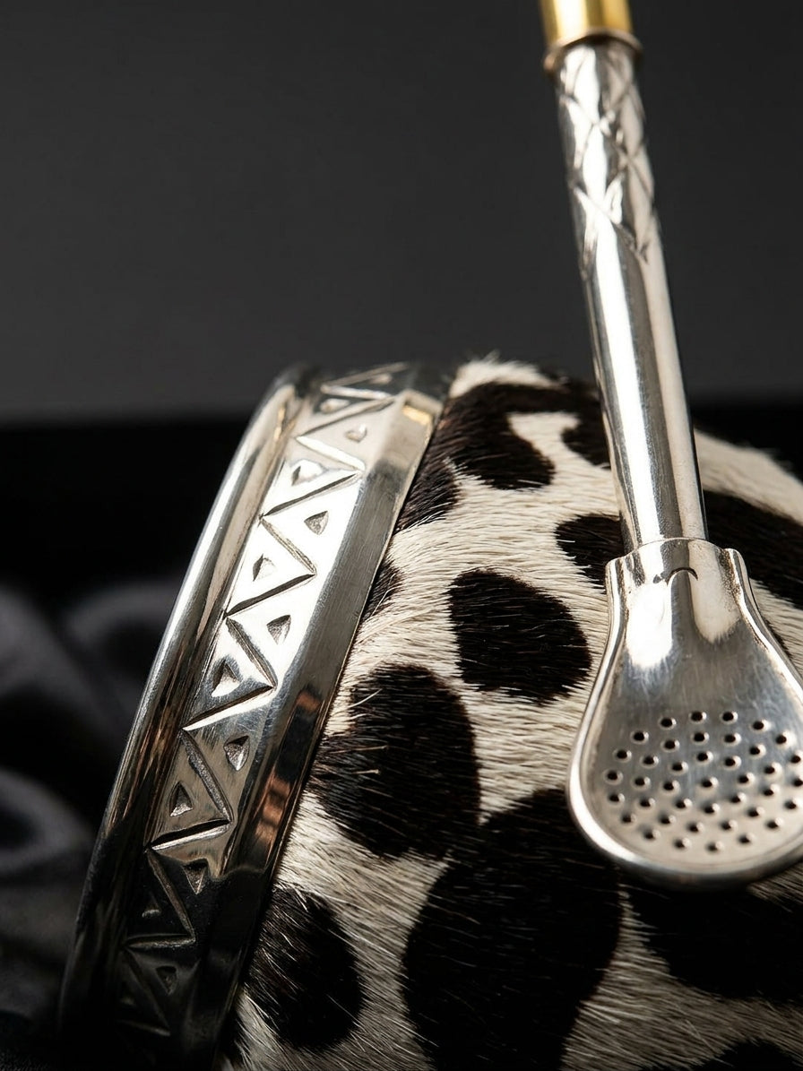 Craftsmanship macro detail of the cowhide torpedo mate gourd's hide and silver rim