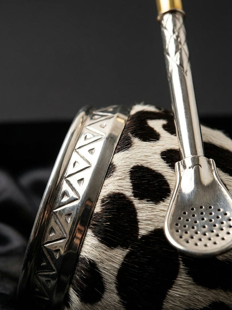 Craftsmanship macro detail of the cowhide torpedo mate gourd's hide and silver rim