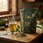Load image into Gallery viewer, Brewed De Oro Reserve mate tea beside the package on a rustic wood counter