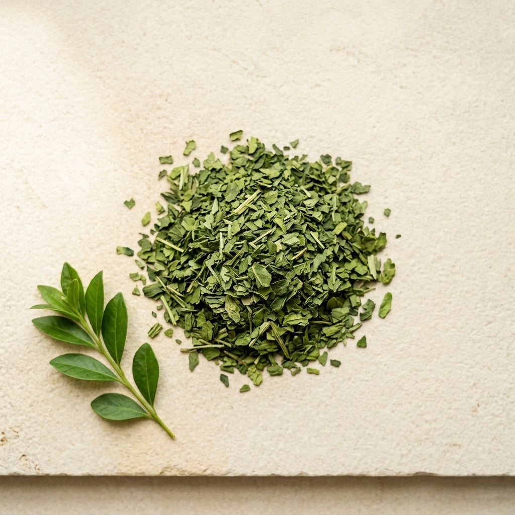 Flat-lay of De Oro Reserve's single pure ingredient: loose green yerba mate