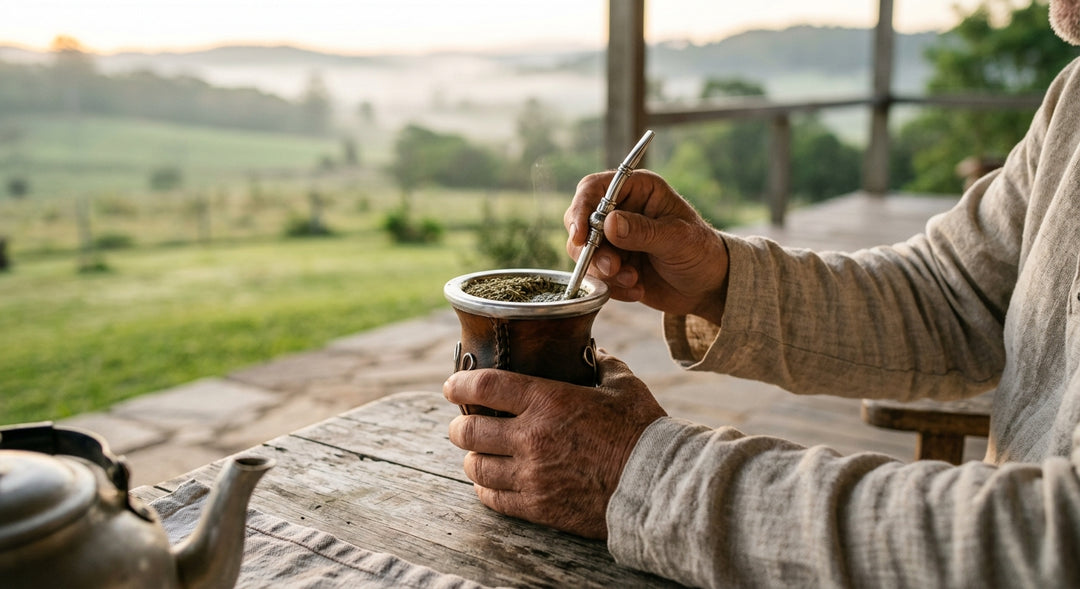Serene hands holding a traditional mate gourd on a misty green morning porch