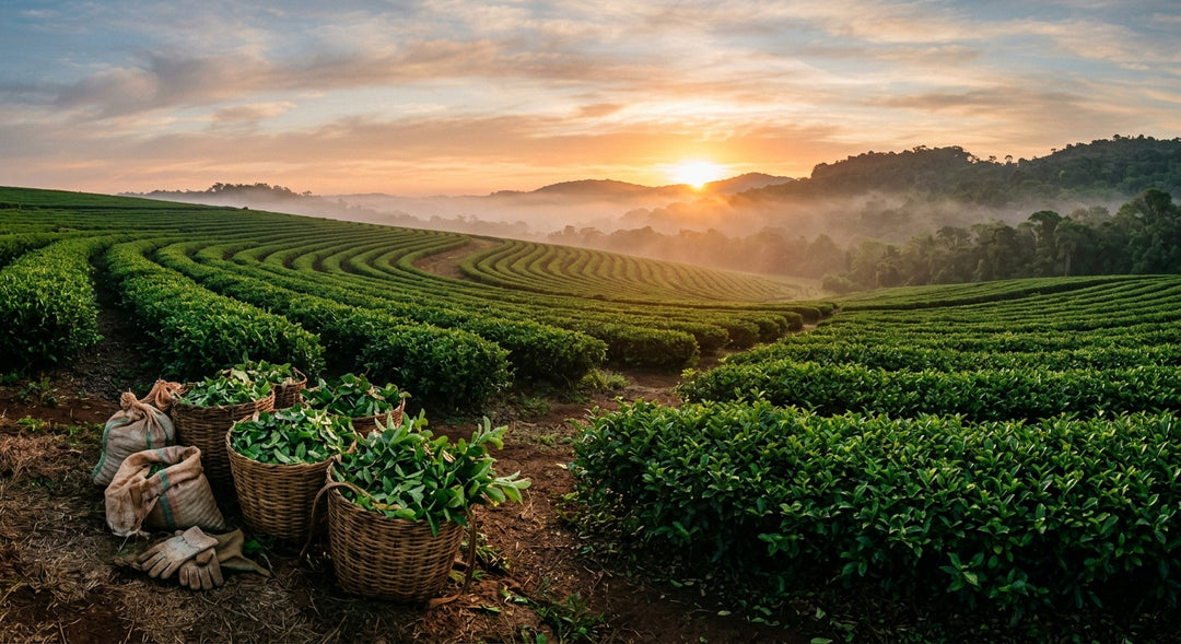 Sweeping green yerba mate plantation at sunrise, De Oro Reserve's pure origin