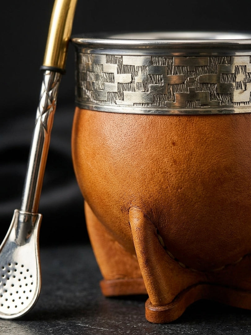 Craftsmanship macro detail of the engraved imperial mate gourd's leather and silver rim