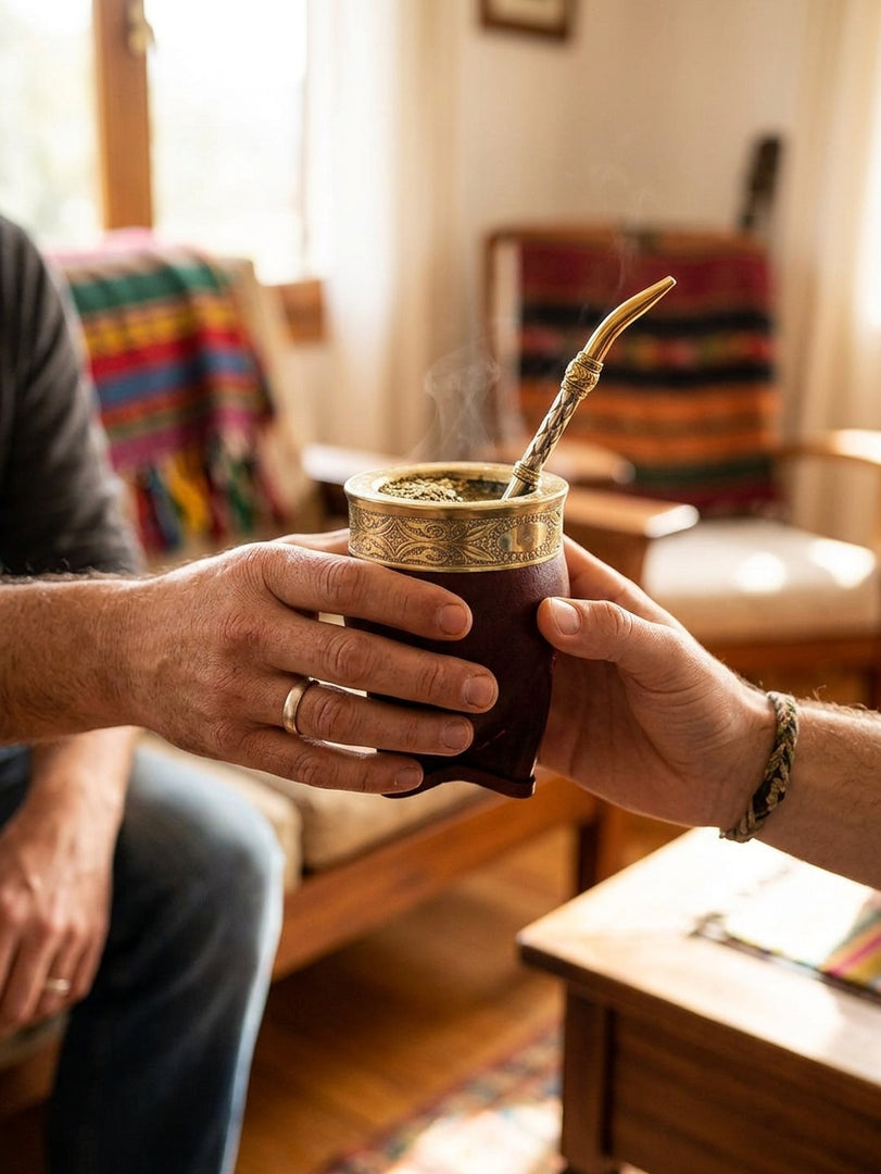 Sharing the burgundy imperial mate gourd in a warm living room ritual moment