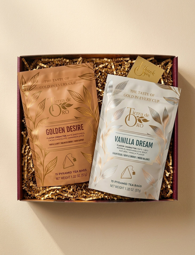 Styled flat-lay of the Tierra De Oro gift box contents