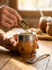 Hands filling the glossy algarrobo imperial mate gourd V2 with loose yerba mate