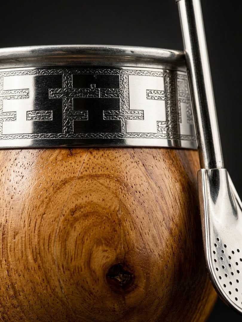 Craftsmanship macro detail of the glossy algarrobo mate gourd V2's wood grain and two-tone rim