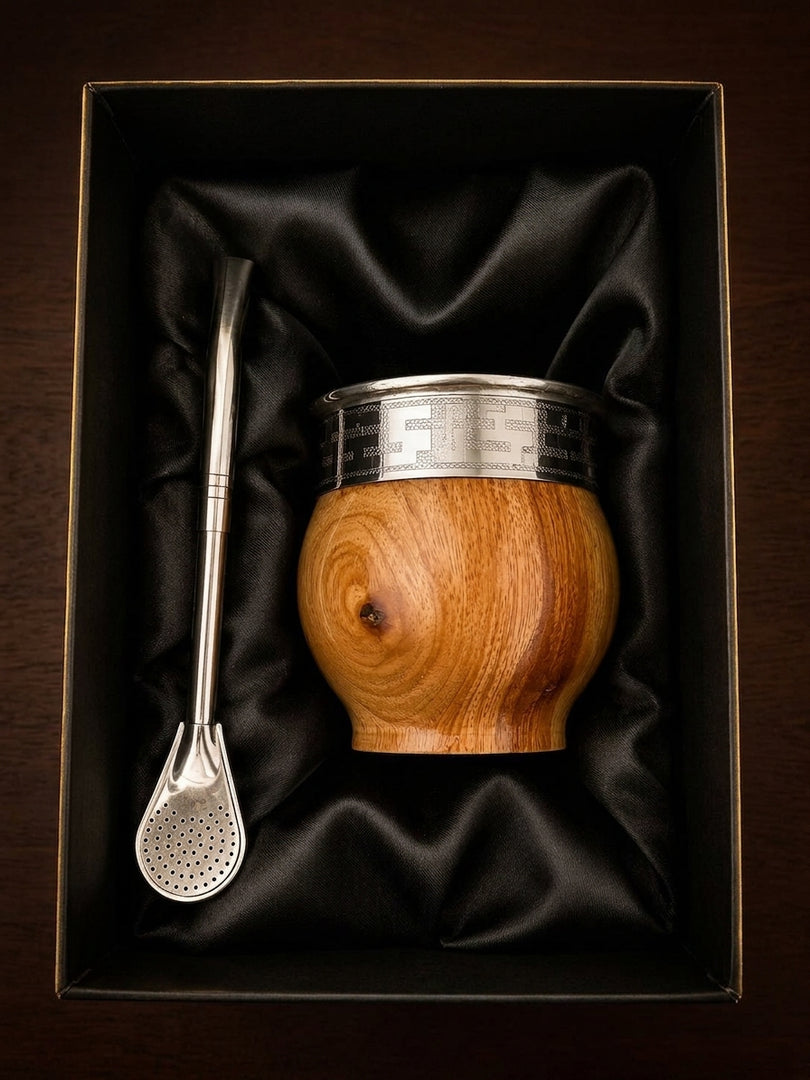 Editorial gift still-life of the glossy algarrobo imperial mate gourd V2 set in its box