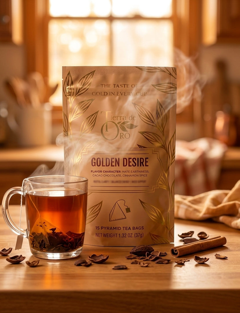 Brewed cup of Golden Desire tea beside the package in a warm kitchen