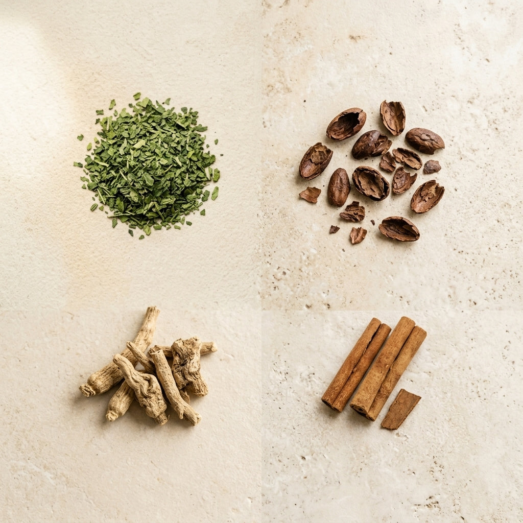 Flat-lay of Golden Desire's real ingredients: yerba mate, cacao shells, ashwagandha, cinnamon