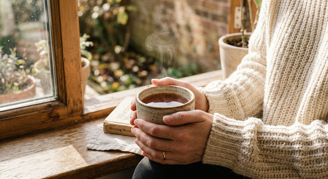 Serene morning moment cradling a warm mug of Golden Desire tea