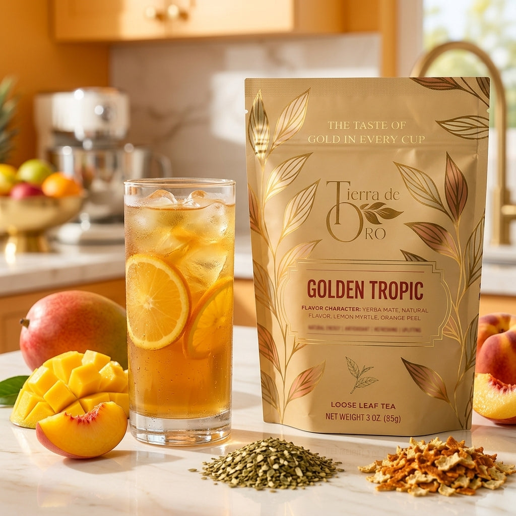 Iced Golden Tropic tea beside the package in a bright citrus-toned kitchen