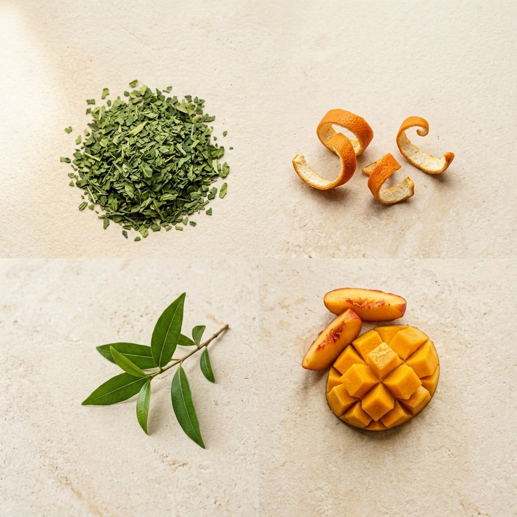 Flat-lay of Golden Tropic's real ingredients: yerba mate, orange peel, lemon myrtle, mango/peach