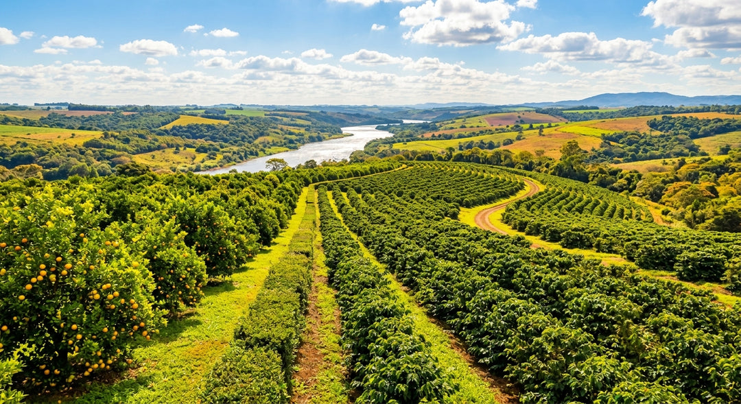 Vibrant citrus grove and yerba mate fields landscape, Golden Tropic's origin mood