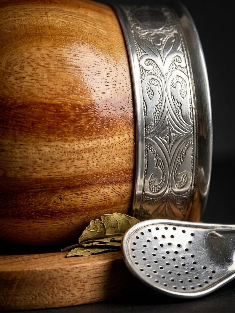 Craftsmanship macro detail of the glossy algarrobo mate gourd's wood grain and silver rim