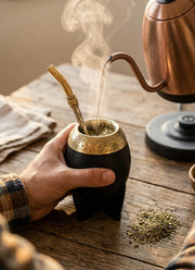 Hot water being poured into the black torpedo mate gourd with engraved gold rim