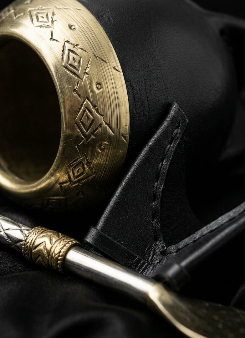 Craftsmanship macro detail of the black torpedo mate gourd's leather and engraved gold rim