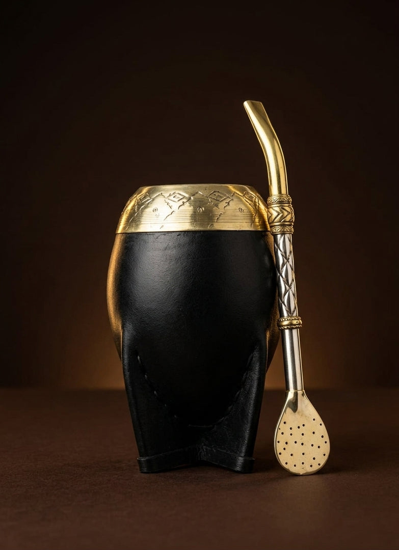 Editorial hero still-life of the black torpedo mate gourd on a dark background