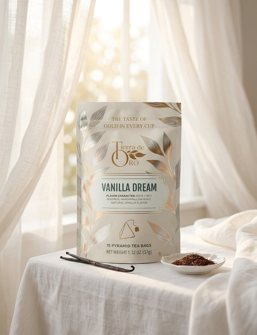 Vanilla Dream tea package in a dreamy white-gold bedroom scene