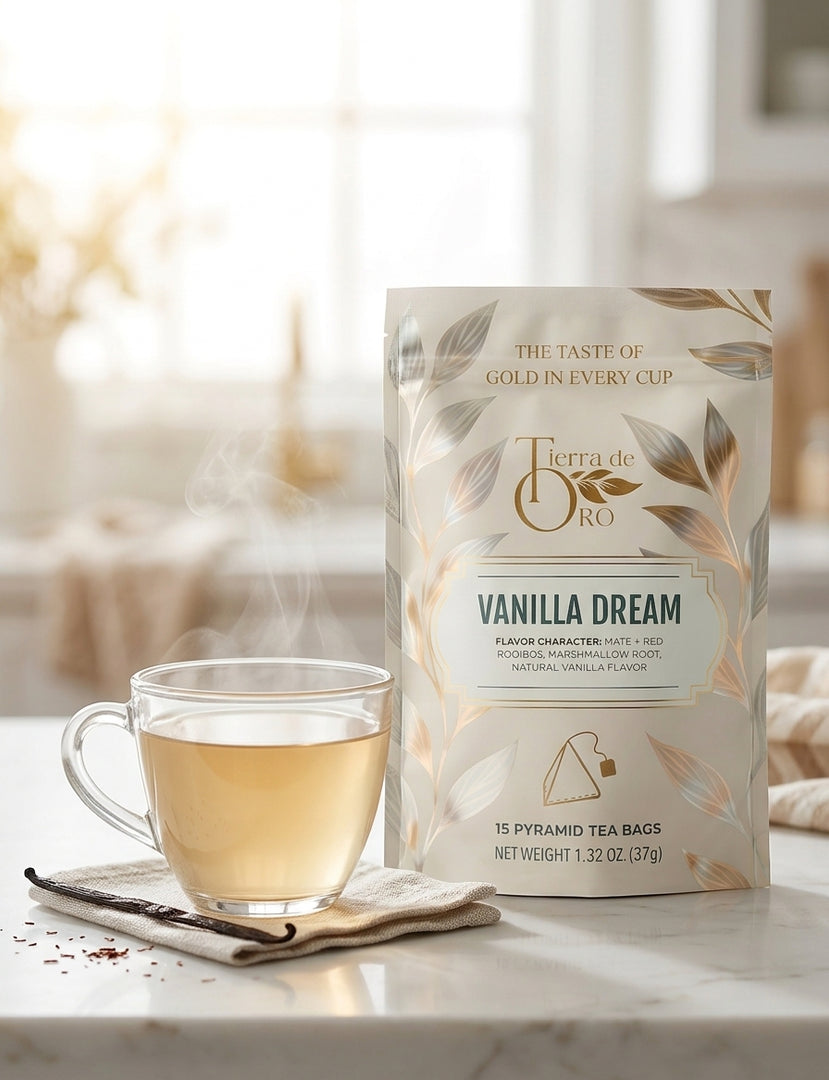 Brewed cup of Vanilla Dream tea beside the package in a bright airy kitchen