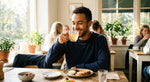 Load image into Gallery viewer, Candid genuine smile enjoying a cup of Vanilla Dream tea at breakfast