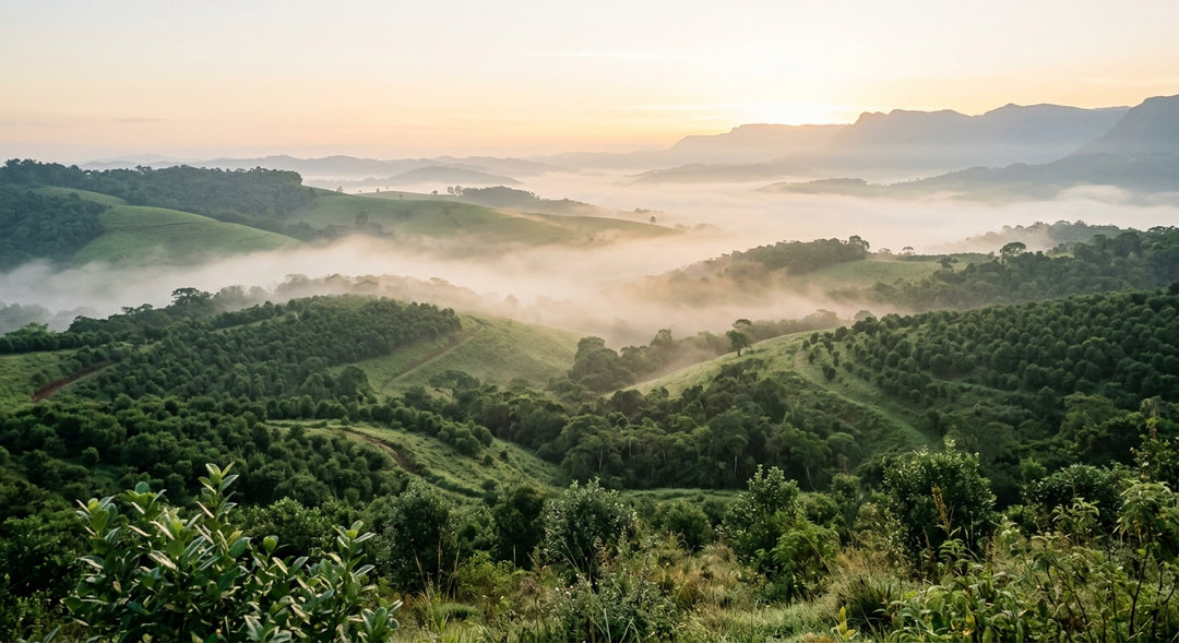 Misty dreamlike highland countryside at dawn, Vanilla Dream's origin mood